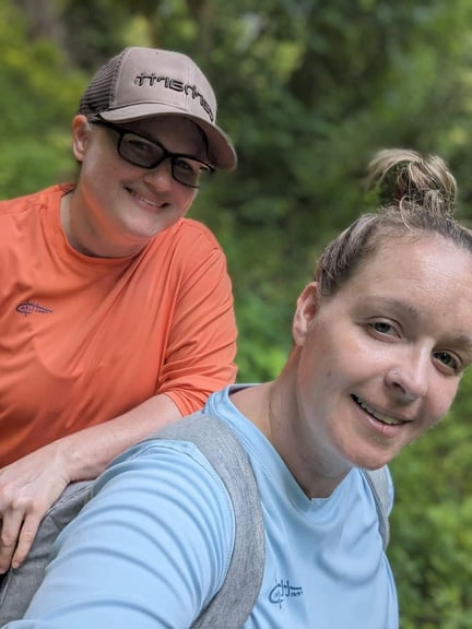 two people taking a selfie in the woods